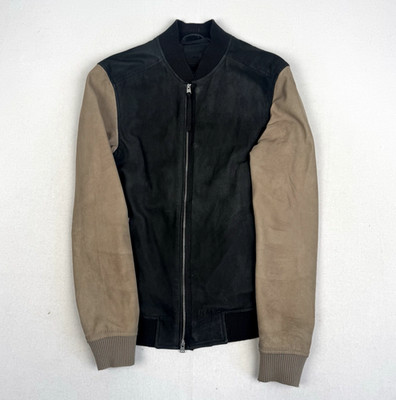 All Saints Lammfell Lederjacke Bomber Varsity durchgehender Reißverschluss schwarz beige Herren Small