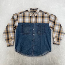 Levi's SilverTab Shirt L Blue Yellow Plaid Denim Mixed Media Vintage 90s Snap