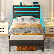 Bed Frame Twin Size with USB Charging Station LED Bed Frame Wood Headboard