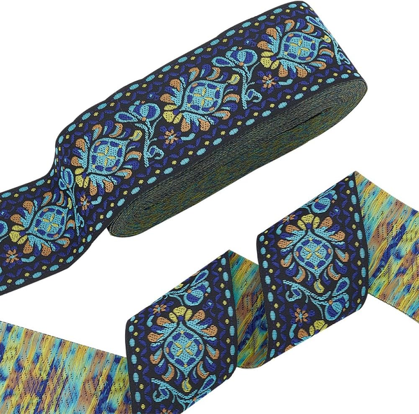 Ph 10 Yards Boho Jacquardband 5Cm Blumenband Im Ethno Stil Blau Besticktes Blum-image