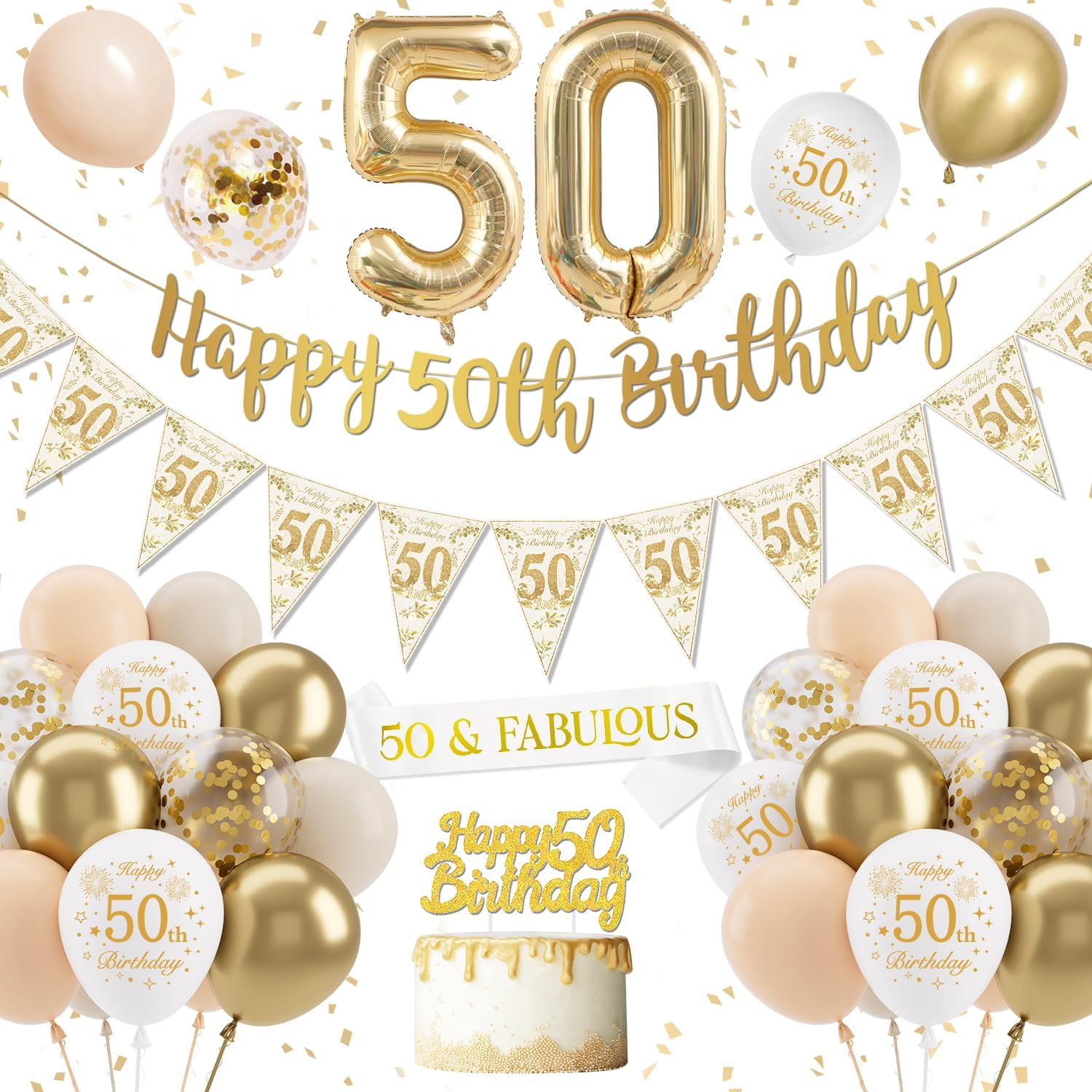 50Th Birthday Decorations for Women - Sand White Gold Banner, Balloons, Triangle