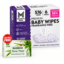 6-Pack Member's Mark Fragrance-Free Baby Wipes 576 Total Count , 99 Water Sens