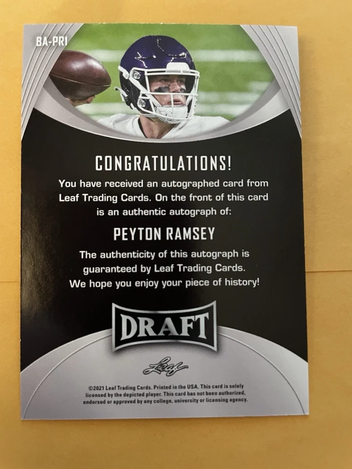 2021 Leaf Draft - Autographs Peyton Ramsey #BA-PR1 (AU, RC) - Image 2 of 2
