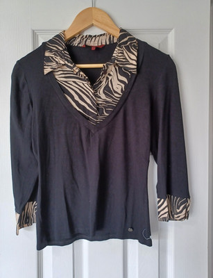 John Richmond Black & Cream Top with Zebra Print Accents (Size 12 - runs small)