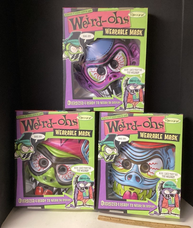 A trio of Weird-Ohs monster caricature masks — cult 1960s model-kit characters resurrected in rubbery retro glory for Halloween or display.