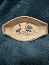 Unique Art Pottery Shallow Dish W 2 Blue Cranes - Beach House Style Grey & Blue
