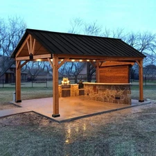 11 x 13 Wood Framed Hardtop Gazebo with Metal Roof and Ceiling Hook