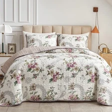 Cal King Reversible Quilt Set Beige Floral Microfiber Bedspread 3pc