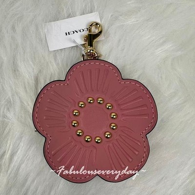 Coach Tea Rose Bag Charm In Leather/Gold/Peony CDB15 + Coach Pouch