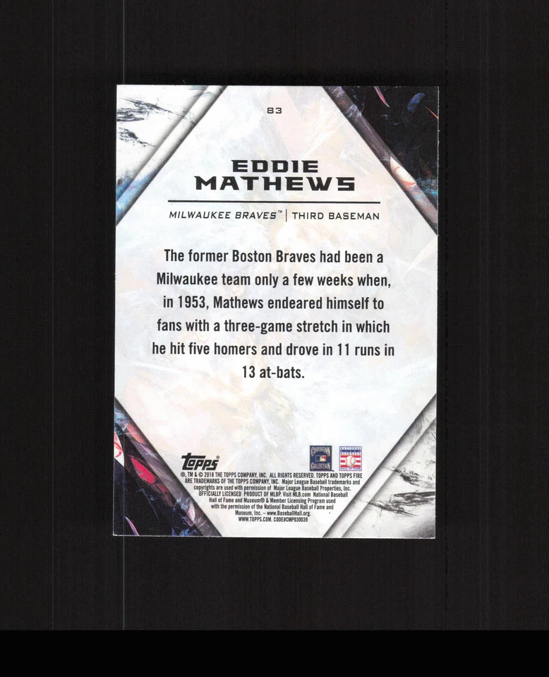 2018 Topps Fire #83 Eddie Mathews Baseball Card Milwaukee Braves - Image 2 of 2