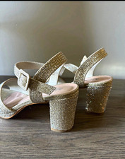 Nina Gold Glitter Strappy Open Toe Ankle Strap Block Heel Wedding 7.5