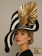Ascot Royal Fascinator Kentucky Derby White Black, Gold Leaves, Headband