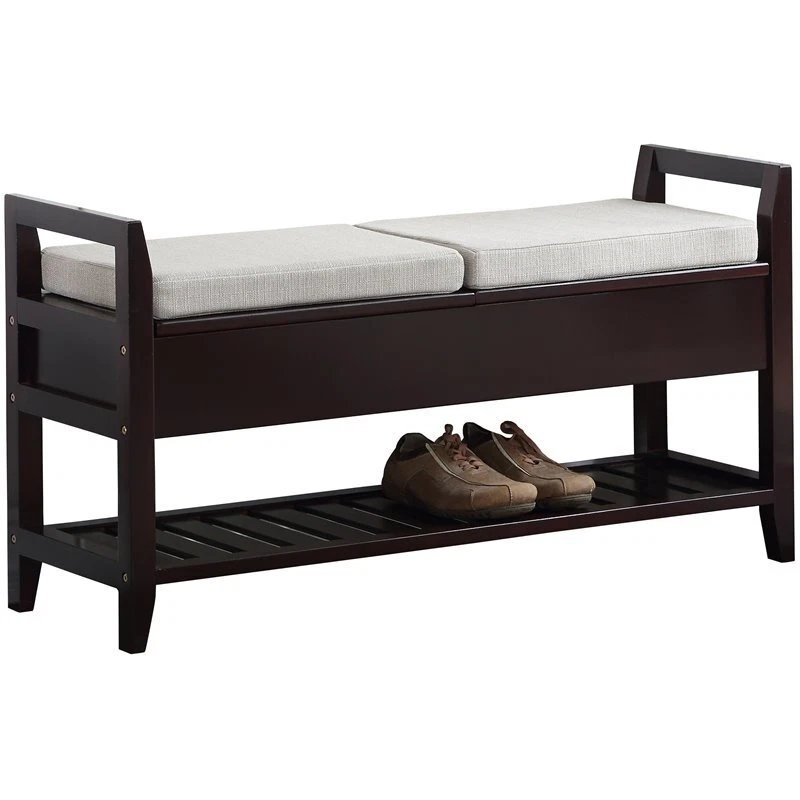 Roundhill Furniture Vannes Wood Storage Shoe Bench in Espresso Beige Fabric
