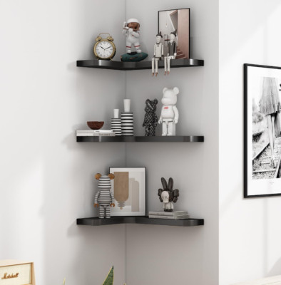 POCURBAN 16'' Floating Corner Shelves Set of 3 - Wall Mount Storage Black