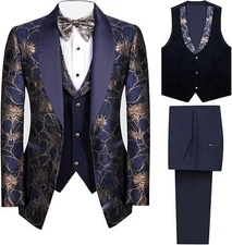 3 Pieces Men's Tuxedo Paisley Groom Wedding Blazer Jacket Vest Pants Sets Floral