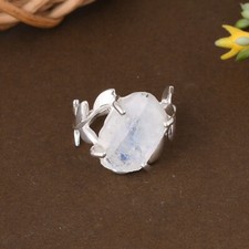 Olive Leaf Bypass Band Ring With Raw Moonstone Sterling Silver Jewelry For Gift