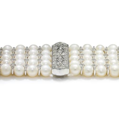 Vintage Multi-Row Pearl Bracelet with Diamonds 18K White Gold - Picture 7 of 9