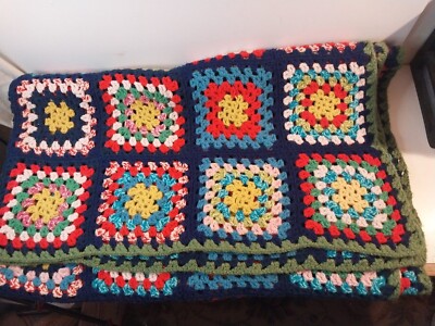 Vintage Handmade Colorful Granny Square Crochet Afghan Blanket 70”x 50”  Rosanne