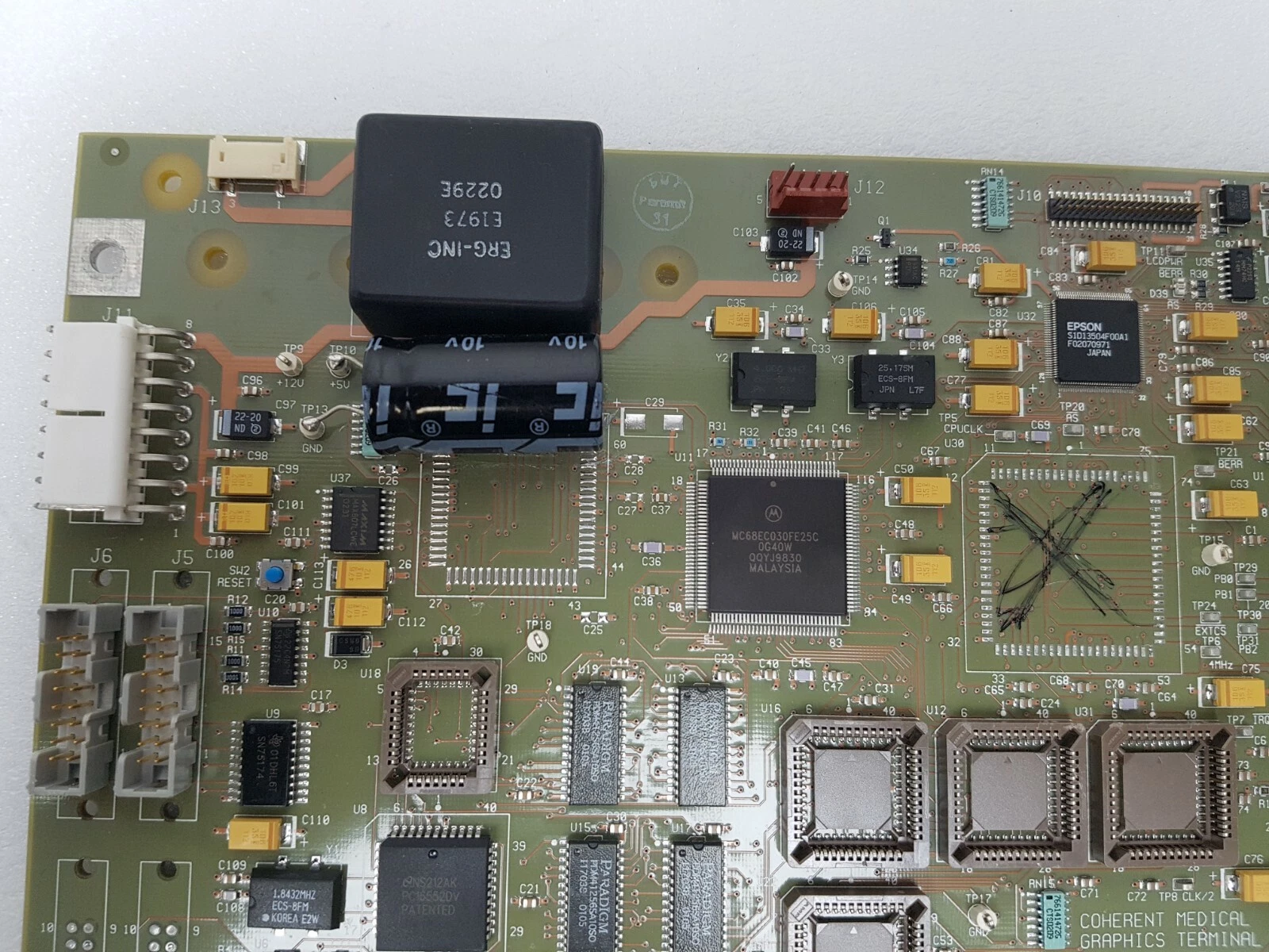 Left side of the board: ERG power module, MC68EC030 processor, J5 and J6 headers