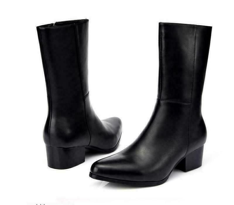 Men's Formal Black Dress Pointed Toe Leather Heel High Mid-calf Boots Nightclub | eBay Men's Formal Black Dress Pointed Toe Leather Heel High Mid-calf Boots Nightclub | eBay