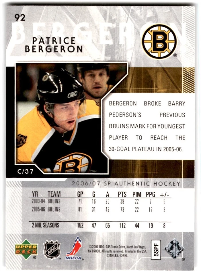 2006-07 SP Authentic Patrice Bergeron #92 Boston Bruins - Image 2 of 2