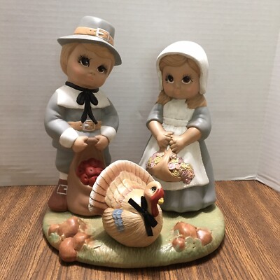 Vintage Hand Painted Ceramic Pilgrims & Turkey 4 pc Thanksgiving 1987