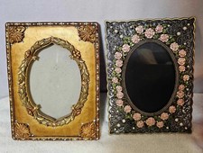 2 Vtg Photo Picture Framed Metal & Wood/Resin w rose faux jeweled & glass - F7