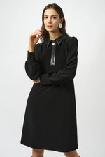 Joseph Ribkoff Black Leatherette Long Puffed Sleeves Trapeze Dress 253164