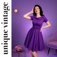 Unique Vintage 1950s Purple & Black Polka Dot Cotton Swing Dress, Large, NWT!