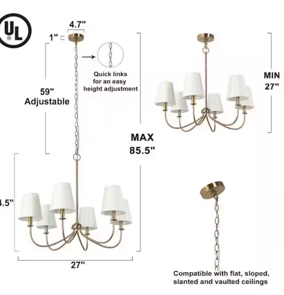 Lámpara de araña lineal de latón enchapado de transición LNC 6 luces cono blanco tonos de tela Foto 4 de 4
