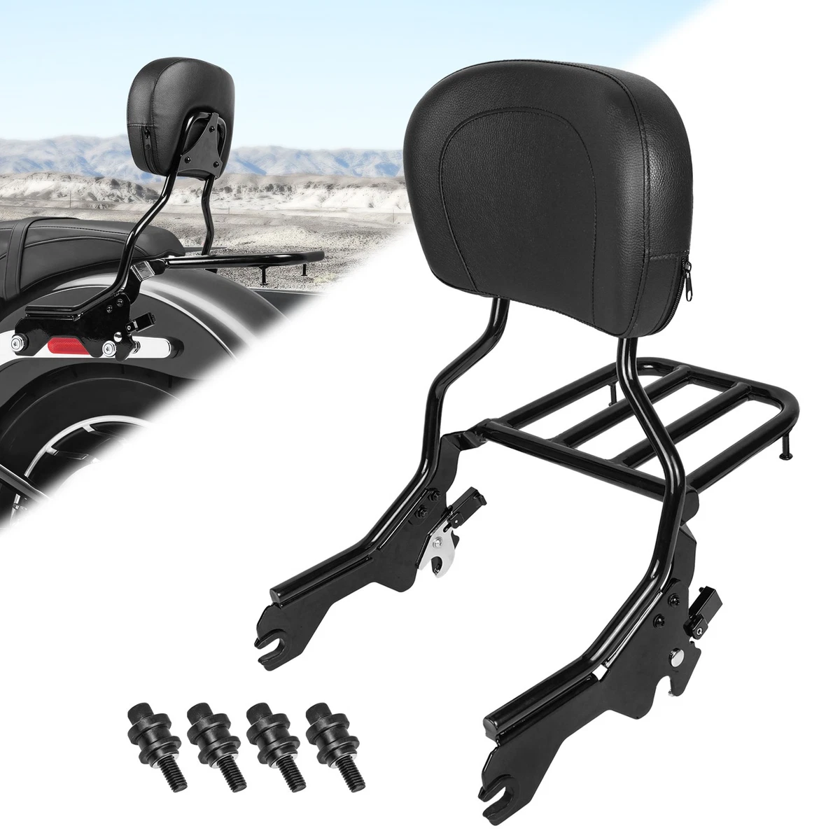 HTTMT Skull Adjustable Backrest Sissy Bar w/ Luggage rack For Harley