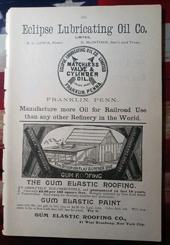1892 Vintage Print Ad ECLIPSE LUBRICATING OIL Franklin PA Matchless Valve Oil