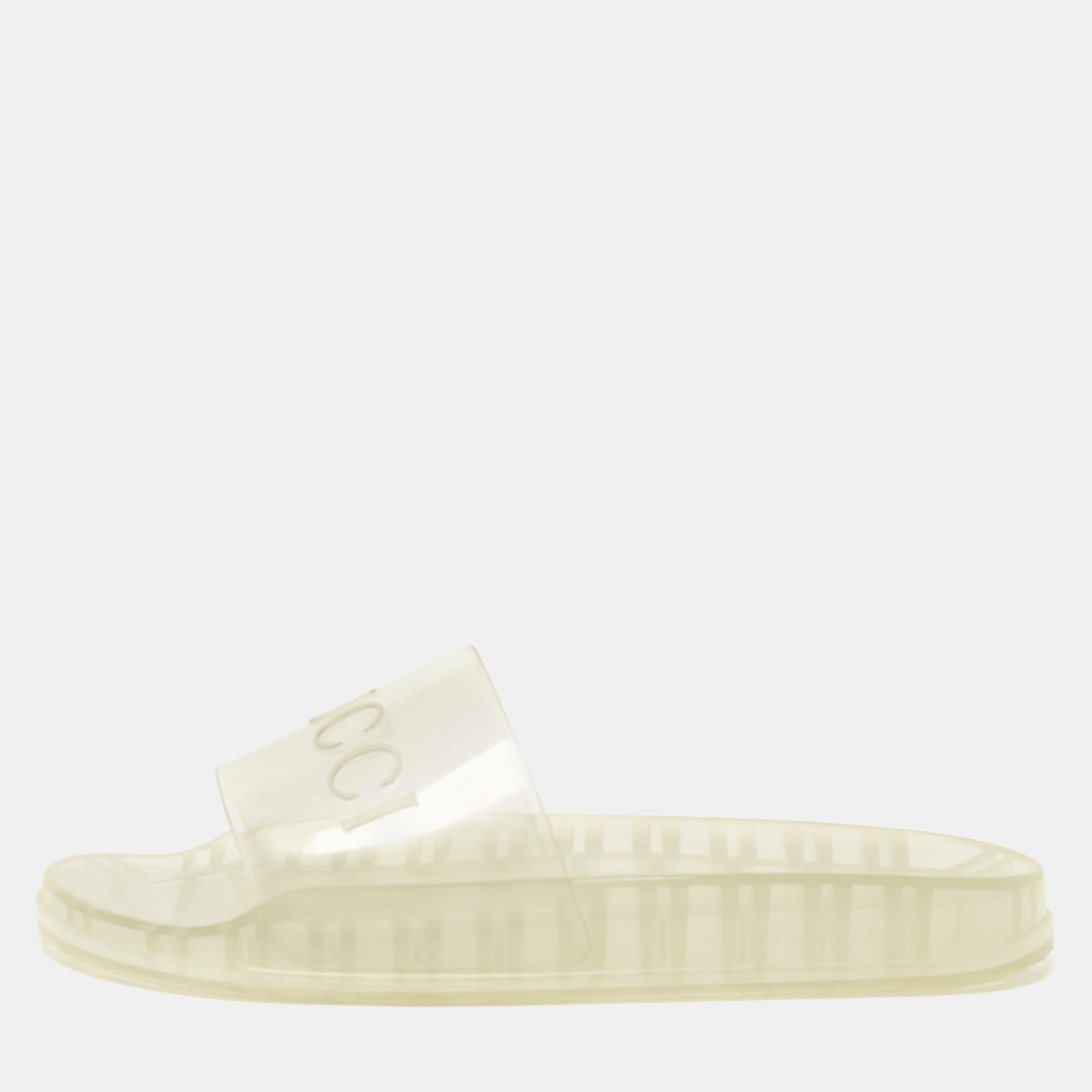 Gucci Logo Slide Sandals Size 44 in Transparent Rubber