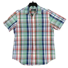 Nautica Men's Short Sleeve Plaid Button Up Shirt Red Green Blue White Size L