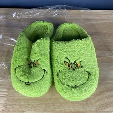 New Grinch Slippers Sz 7.5 Green Faux Fur Slip On Unisex Christmas Holiday