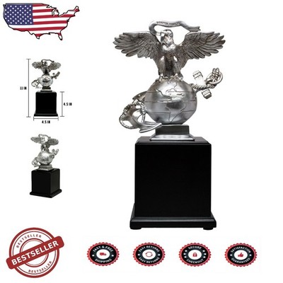 USMC 3D EGA Statue 11.5'' Resin Wood Base Silver Black Marine Corps Gift
