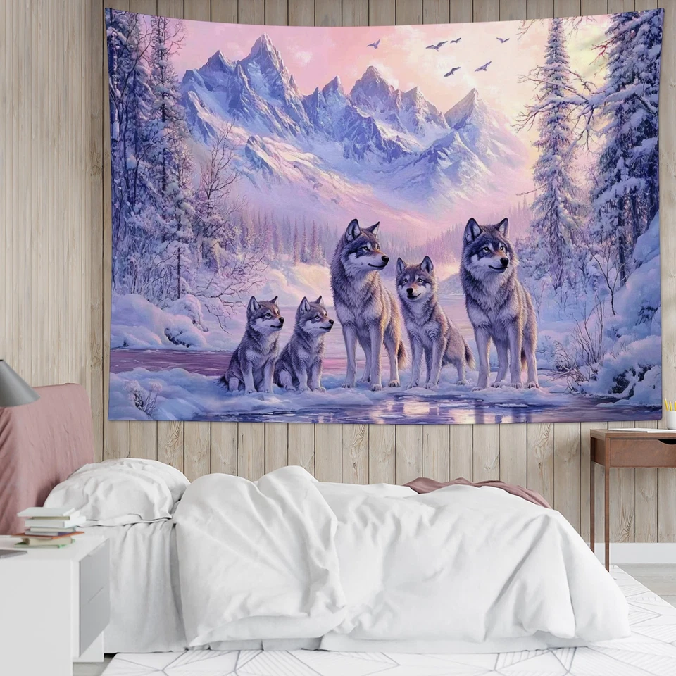 Tapiz de invierno nevado de montaña animal salvaje lobo para dormitorio sala dormitorio Foto 3 de 4
