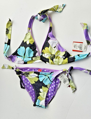 Esprit Women's Size S 2 Pc Bikini Swimsuit Purple Green Black Floral Halter NWT