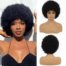 Kaneles Short Curly Afro Black Women Wigs Kinky 70s 80s Costume Black Wig Flu...
