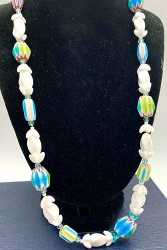 Vintage White Milk and Colorful Lampwork Art Glass Beaded Necklace Box Clasp