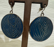 Pair Blue Enamel and Gold Metal Round Earrings