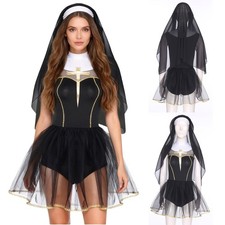 Women's Dress Black Nun Costume Sister Clergy Uniform Dark Style Dress-up Mesh