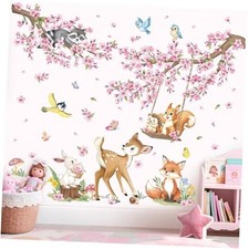 Woodland Animals Pink Flower Wall Stickers Cherry Blossom Branch Deer Fox