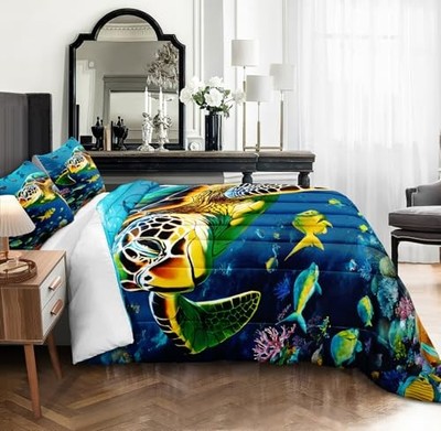 Merryword Turtle Comforter Set King Size Ocean Bed in a Bag Coastal