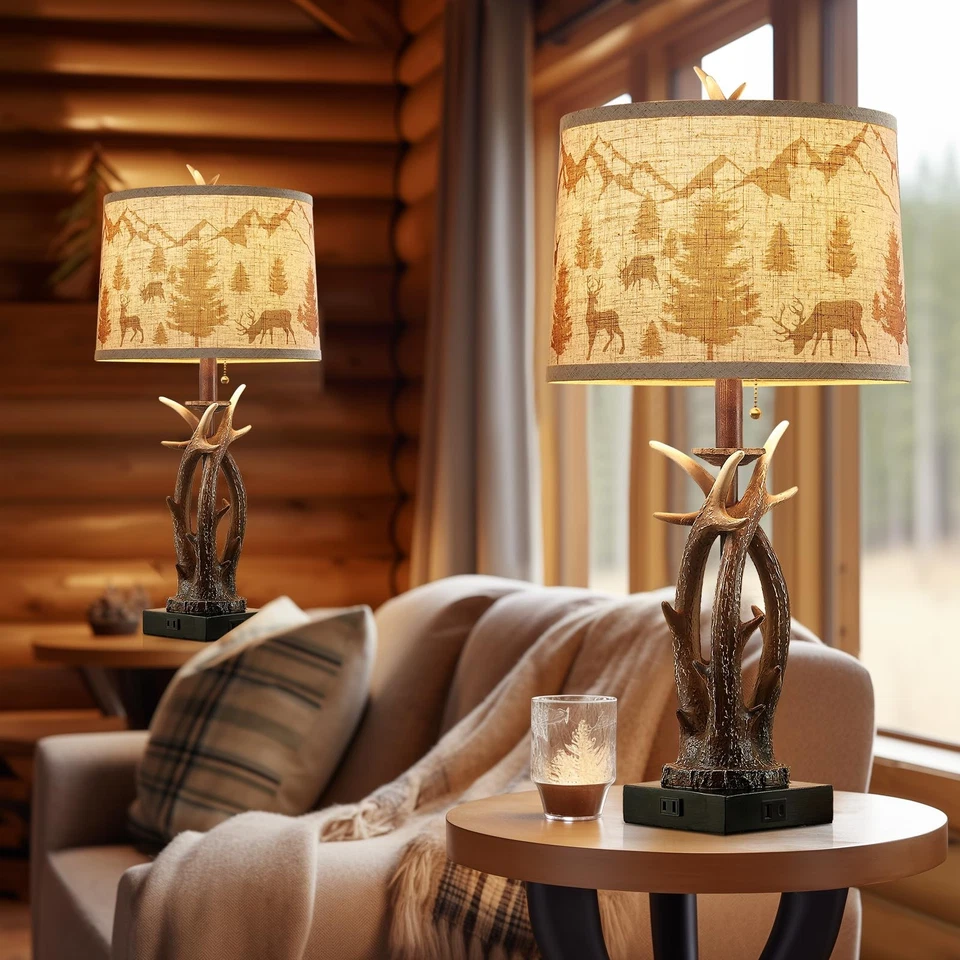 Juego de 2 lámparas de mesa rústicas occidentales con cuerno de ciervo de granja con U... Foto 3 de 4