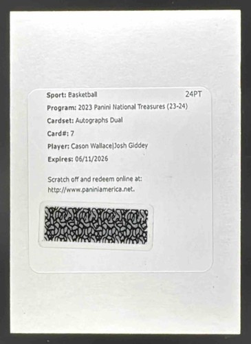 2023 National Treasures Cason Wallace Josh Giddey Auto Dual /25