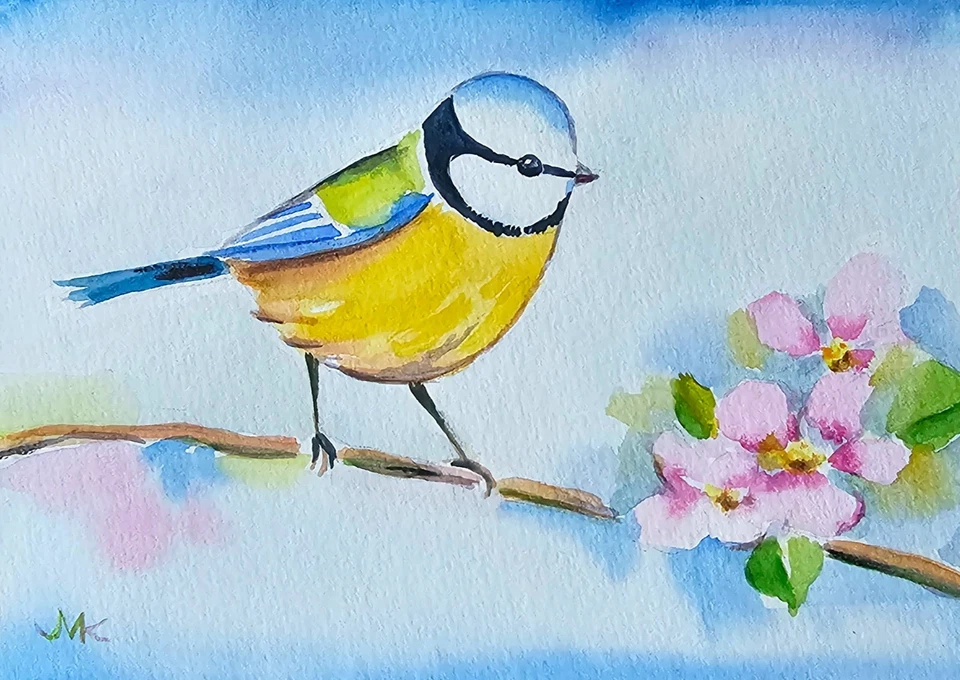 Blaumeise mit Blüten II Aquarell Vogel Bird v. Künstler - Bild 1 von 1
