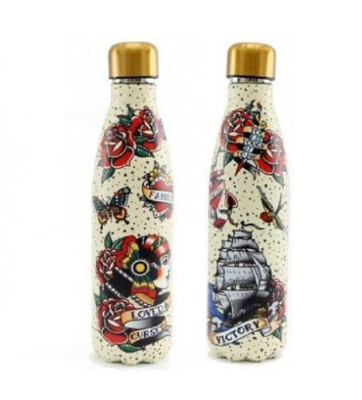 VINTAGE RETRO STIL TATTOO METALL ISOLIERTE WASSER TRINKFLASCHE NEU MIT ETIKETT