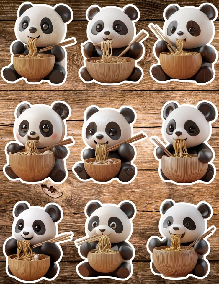 HANDMADE Ramen Eating Panda Die Cut Vinyl Stickers Set Scrapbooking Laptop Waterbottle