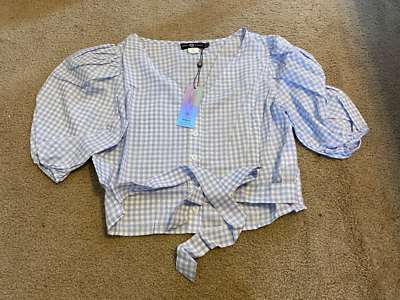 Daisy Street Sadie blue Gingham Balloon Short Sleeve Button Crop